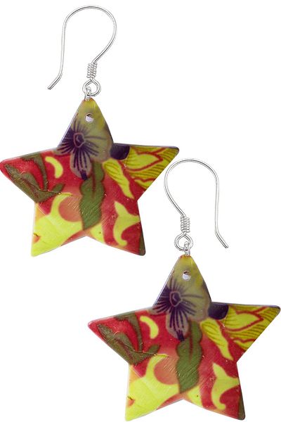 Tesbih Atölyesi Certified Flower Embroidered Star Model Colored Mother of Pearl Stone Earrings
