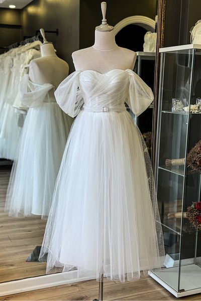 Lenta Moda Λευκό Glitter ντραπέ Midi Μήκος Διαφανές βραδινό φόρεμα και βραδινό φόρεμα με λεπτομέρεια ζώνης