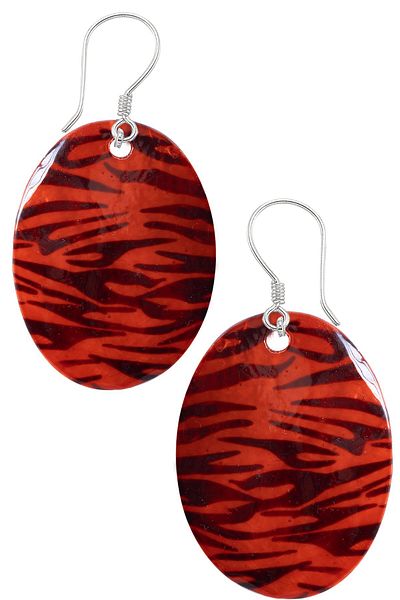 Tesbih Atölyesi Certified Leopard Pattern Oval Red Colored Mother of Pearl Stone Earrings