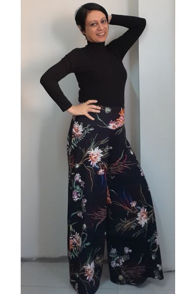 Mertcan Butik Black floral Elastic Waist wide leg steel knitted pants skirt