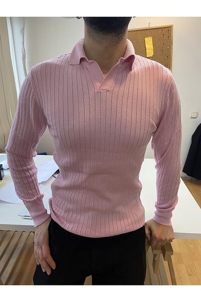 COOL TARZ Pink Men's Polo Neck Ribbed Knitwear Sweater