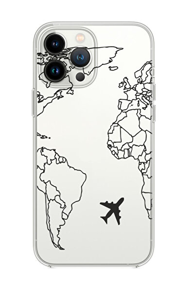 mooodcase Iphone 14 Pro Uyumlu World Map Lines Desenli Şeffaf Silikonlu Telefon Kılıfı