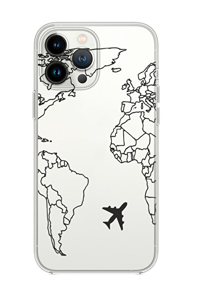 mooodcase Iphone 14 Pro Max Uyumlu World Map Lines Desenli Şeffaf Silikonlu Telefon Kılıfı