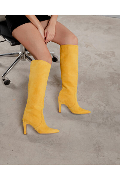 AYAKKABI PRENSİ حذاء نسائي من جلد الغزال الخردل، حذاء من جلد الغزال، بكعب