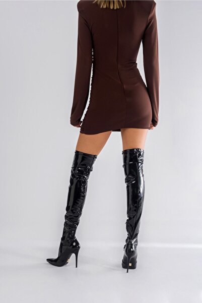 AYAKKABI PRENSİ Mindy Diz Üstü Streç Siyah Rugan 10 Cm Kadın Çizme, Topuklu Çizme