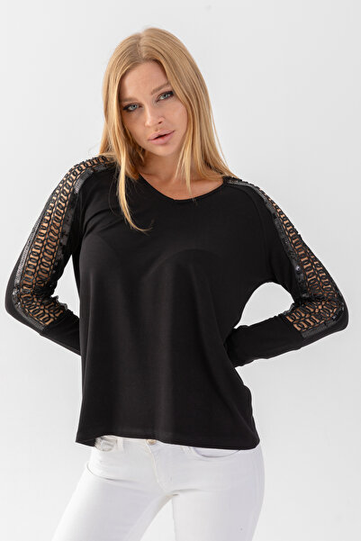 EtkiModa Γυναικεία μπλούζα με μαύρα μανίκια με παγιέτες με κορδόνια