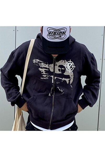 Toum هوديي Dompuleri Moda Killer Girl Vicinity مطبوع بسحاب أسود كبير الحجم لل...