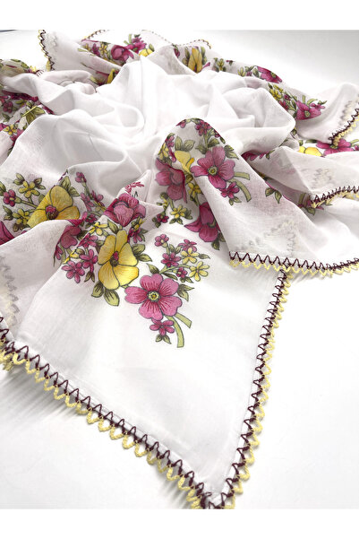 nazipek 3'lü Set %100 Pamuklu Kroşeta Oyalı Eşarp Ortası Boş Makedon Yazma 100x100cm Çiçekli Hediyelik