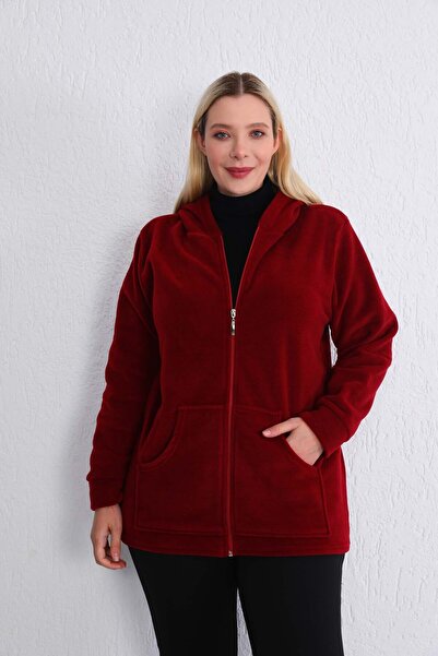 Kardelen Butik Ümraniye Fleece Jacket Hooded Zipper Burgundy