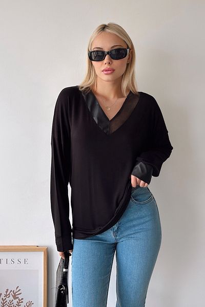 FEMELLE Bluză de damă neagră cu guler și încheietura mâinii din piele