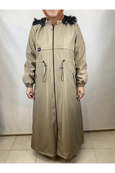 ECALAMODE Hijab Elastic Waist Hooded Fur Inside Bondit Coat Black