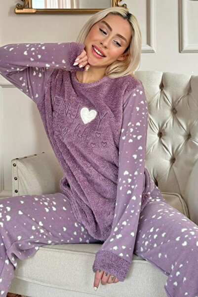 Pijamaevi Set de pijamale de pluș pentru femei, cu model Enjoy Life, violet