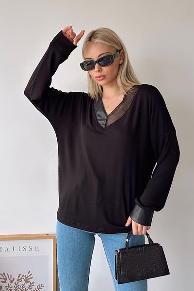 FEMELLE Bluză de damă neagră cu guler și încheietura mâinii din piele