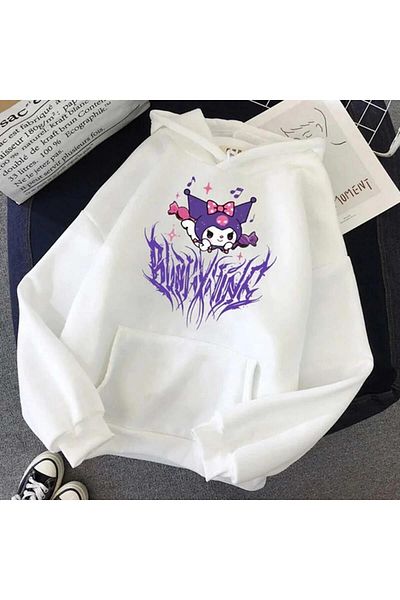 Touz Moda Φούτερ Harajuku Kuromi Oversize Unisex με λευκή κουκούλα με κουκούλα