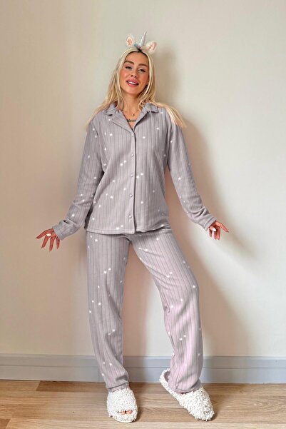 Pijamaevi Gri Eclipse Desenli Önden Düğmeli Peluş Polar Pijama Takımı