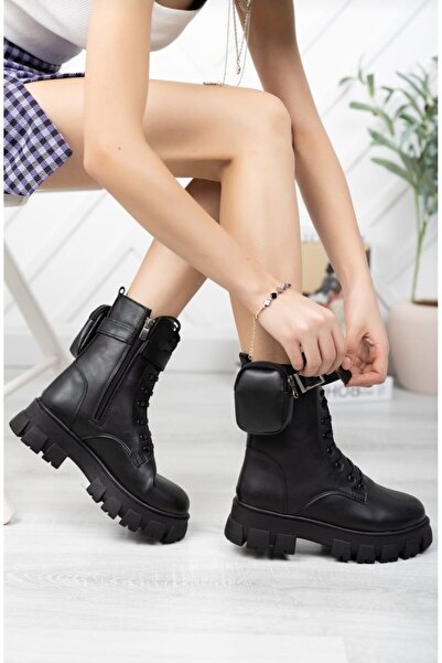 Mağaza Dünyası Kadın Siyah Bot Içi Yünlü Su Geçirmez Kauçuk Tabanlı Yandan Çıkartmalı Cepli