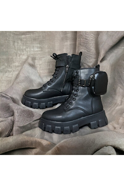Mağaza Dünyası Kadın Siyah Bot Içi Yünlü Su Geçirmez Kauçuk Tabanlı Yandan Çıkartmalı Cepli