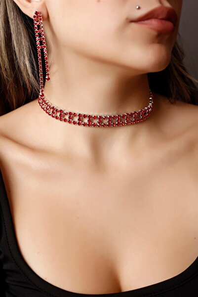 HUBANN Stylish Tasarım Kırmızı Taşlı Kristal Choker Kolye Ve Küpe Set Pırlant...