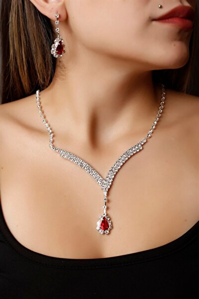 HUBANN Gümüş Kaplama Su Yolu Kırmızı Damla Taşlı Hürrem Sultan Kolye Küpe Set...