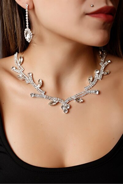 Silver Plated Silver Flower Gemstone Necklace And Earrings Set Special Occasion Set Wedding Set Engagement Evening Dress Set Ger