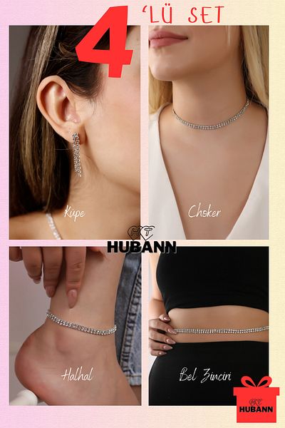 HUBANN 4-Piece Waterway Set Choker, Anklet, Earrings and Waist Chain Set 2-Row Waterway Set