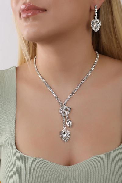 HUBANN Stylish Water Path Silver Drop Stone Necklace Earring Set Bridal Jewelry Set Engagement Set Party Invitation Set