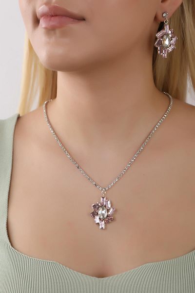 HUBANN Geometric Waterway Pink Rhinestone Multi-Stone Jewelry Set Rhinestone Design Necklace Earrings Set