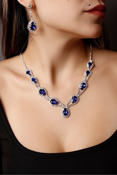 HUBANN Gümüş Kaplama Mavi Taşlı Hürrem Kolye Ve Küpe Seti Özel Günler Seti Düğün Seti Gerdanlık