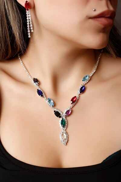 HUBANN Gümüş Kaplama Renkli Kristal Taşlı Kolye Ve Küpe Seti Özel Günler Seti...