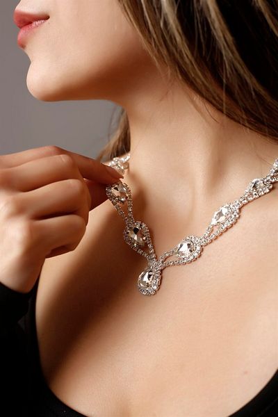 HUBANN Silver Plated Silver Stone Hürrem Necklace and Earring Set Special Occasions Set Wedding Set Choker