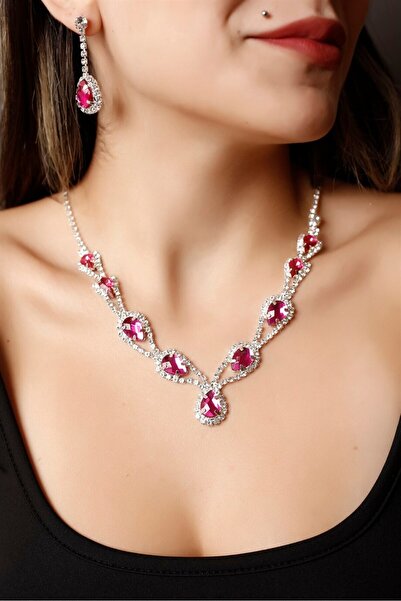 HUBANN Gümüş Kaplama Fuşya Taşlı Hürrem Kolye Ve Küpe Seti Özel Günler Seti Düğün Seti Gerdanlık