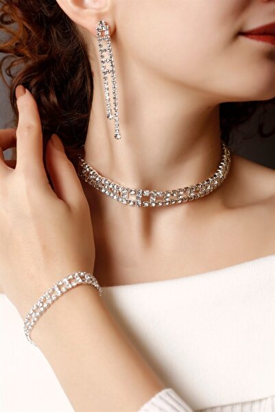 HUBANN Stylish Tasarım Gümüş Taşlı Kristal Choker Kolye, Küpe Ve Bileklik Set...