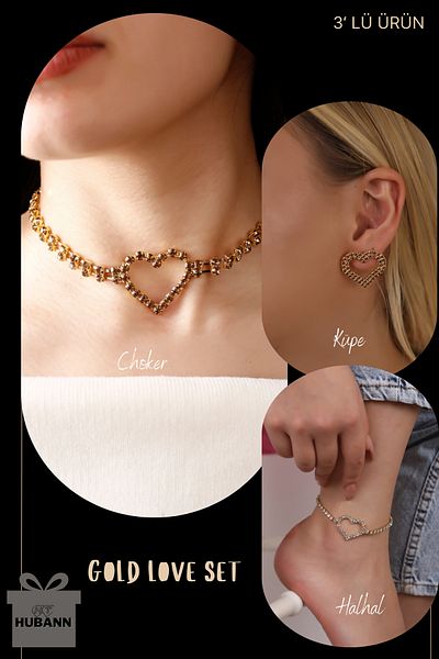 HUBANN Gold Love Set of 3 - Waterway Love Necklace with Heart Choker, Earrings and Capl Detail