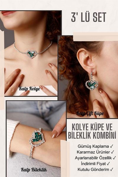 HUBANN Green Stone Heart Pattern Set of 3 Waterway Necklace, Earrings and Bracelet Stylish Set with Stones
