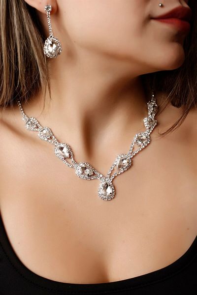 HUBANN Silver Plated Silver Stone Hürrem Necklace and Earring Set Special Occasions Set Wedding Set Choker