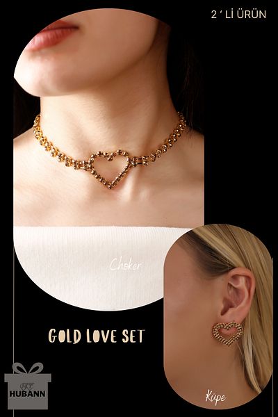 HUBANN Gold Love Set of 2 Heart Choker Heart Earring Water Path Set Love Set Necklace Earring Set