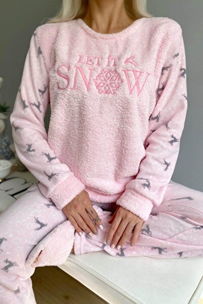 Pijamaevi Powder Pink Let It Snow Patterned Women's Plush Pajama Set