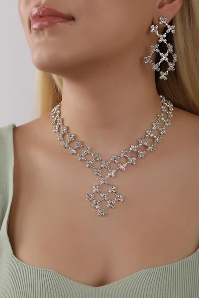 HUBANN Custom Jeweler's Handwork Jewelry Set with Waterway Pattern - Silver Necklace and Earring Set