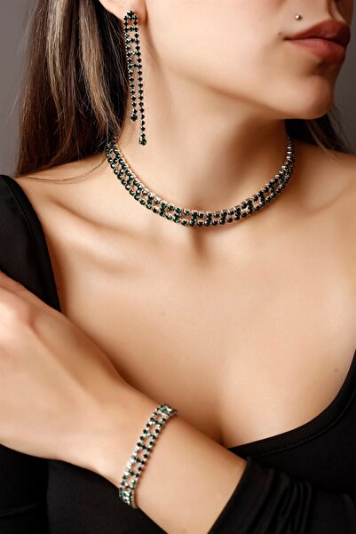 HUBANN Stylish Tasarım Yeşil Taşlı Kristal Choker Kolye, Küpe Ve Bileklik Set...