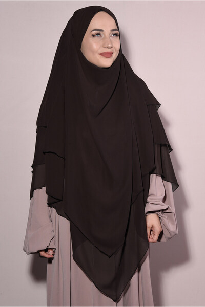 Tek Tesettür Giyim Sufle Khimar Hazır Peçeli Şifon Kahverengi