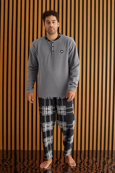 Pijamaevi Grau-weiß kariertes Fleece-Herren-Pyjama-Set