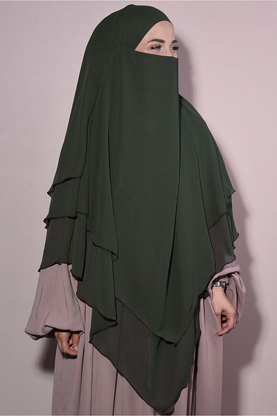 Tek Tesettür Giyim Chiffon Souffle Khimar Ready-made Veil Khaki Green - Khaki