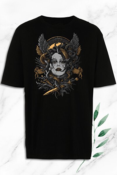 perseusshopping تي شيرت مطبوع عليه نحت ميدوسا الأساطير باللون الأسود للجنسين