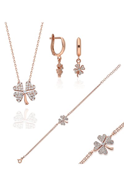 erkoç gold & silver 925 Ayar Gümüş 3'lü Yonca Kolye Küpe Bileklik Set