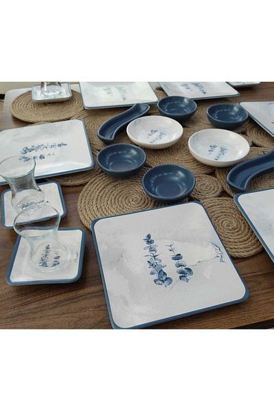 Keramika Peakgift 26 Piece Blue Floral Patterned Square Breakfast Set for 6 People
