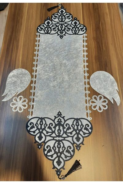 SEHARA Velvet Lux Fantazi Runner. 5 bucăți în catifea gri cu sclipici negre brodate și prezentare de cafea.