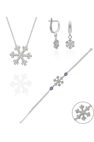 erkoç gold & silver 925 Ayar Gümüş 3'lü Nazar Boncuklu Kar Tanesi Kolye Küpe Bileklik Set