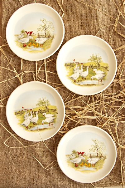 Bursa Porselen Dekor Çiftlik Desen 4 Parça Kurabiye Tabağı