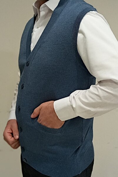 Çukurova Erkek Mavi Klasik Kesim Triko Örme Yünlü Yelek