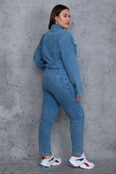 Şans Women's Large Size Blue Buttoned Top Detailed Denim Jumpsuit 65n24068